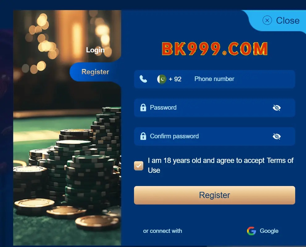 BK999 Game user login screen with username, password, captcha code verification, and password recovery options.