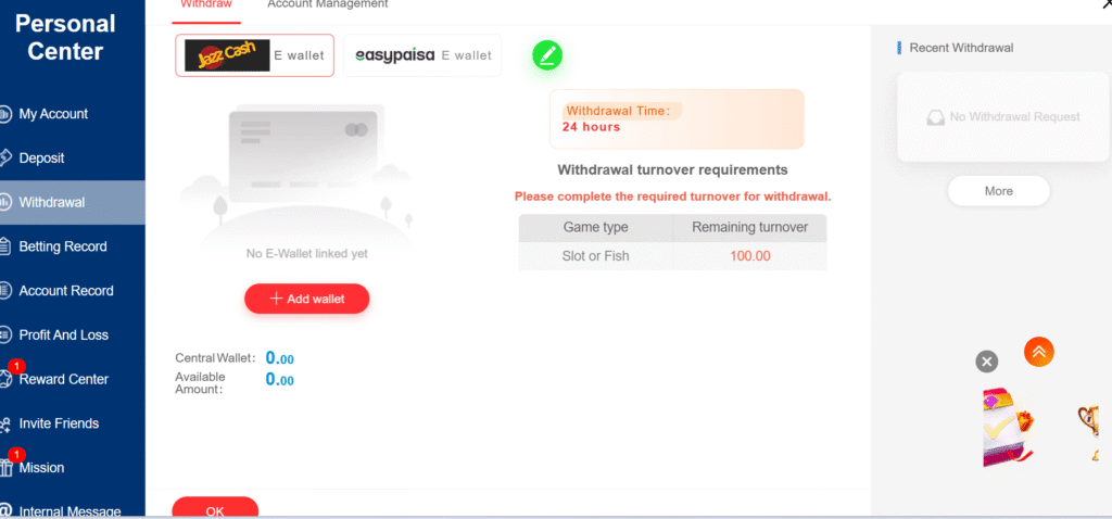 BK999 Game withdrawal screen displaying bound EasyPaisa mobile wallet details and cashout request form.