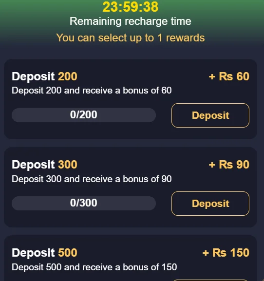 Crown 777 Game deposit bonus screen showing instant recharge rewards for Rs 200, 300, and 500 tiers.