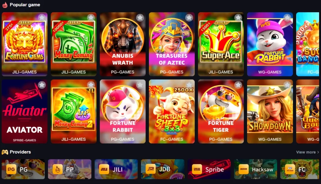 Crown 777 Game lobby interface displaying popular games like Aviator, Fortune Gems, and software providers