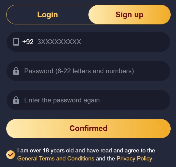 Crown 777 Game app registration screen showing Pakistani phone number prefix (+92) and password entry fields.