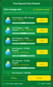 Daily rewards and bonus center inside the HD77 game app, allowing players to claim free chips, spin wheels, and daily cashback.