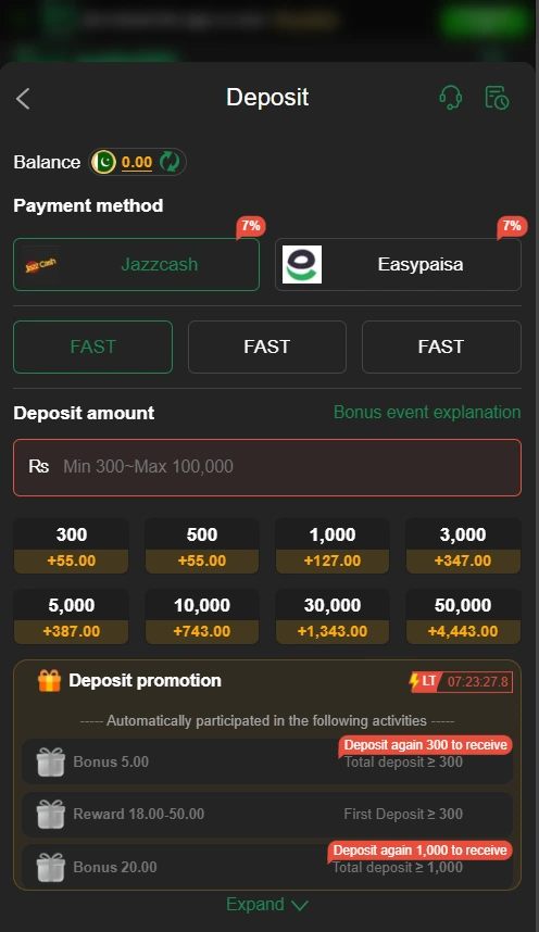 KC99 Game deposit screen showing JazzCash and EasyPaisa payment options with 7% bonus