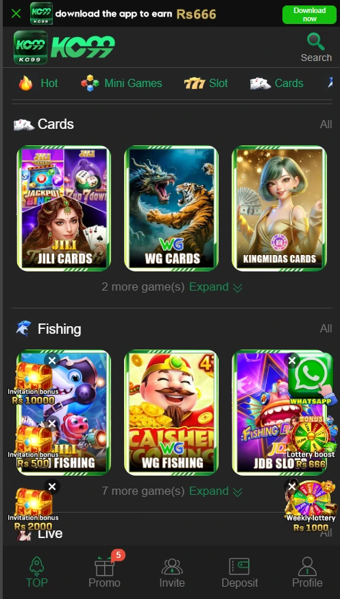 KC99 Game card games and fishing arcade modules including Dragon Tiger and Caishen
