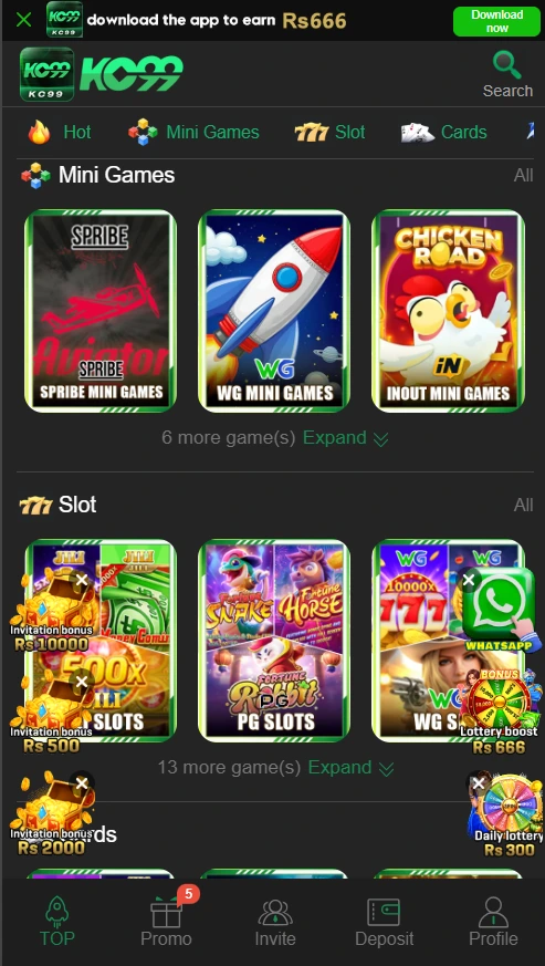 KC99 Game lobby featuring Spribe Aviator, WG Rocket, and JILI Money Coming slots