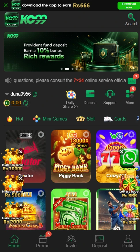 KC99 Game home screen dashboard displaying Aviator, Fortune Gems 3, and wallet balance