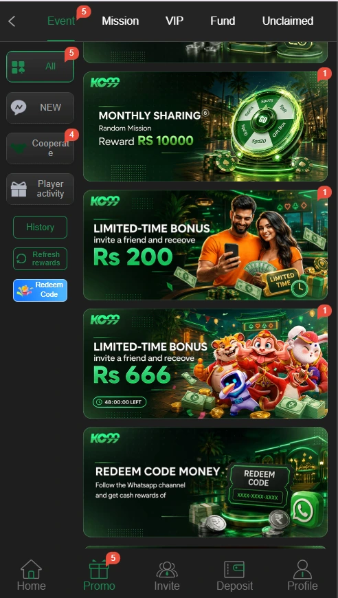 KC99 Game event center showing monthly sharing bonus, WhatsApp redeem codes, and promo drops