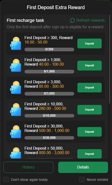 KC99 Game first deposit extra reward tiers ranging from Rs 300 to Rs 50,000 recharge tasks