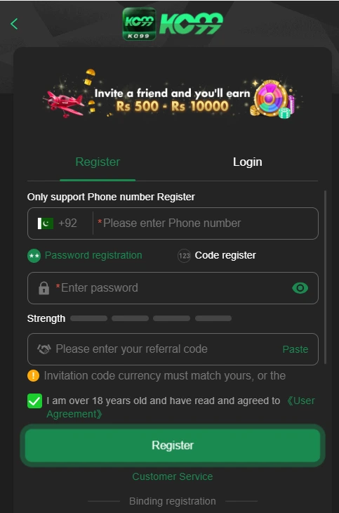 KC99 Game mobile registration screen with +92 phone number input and referral code