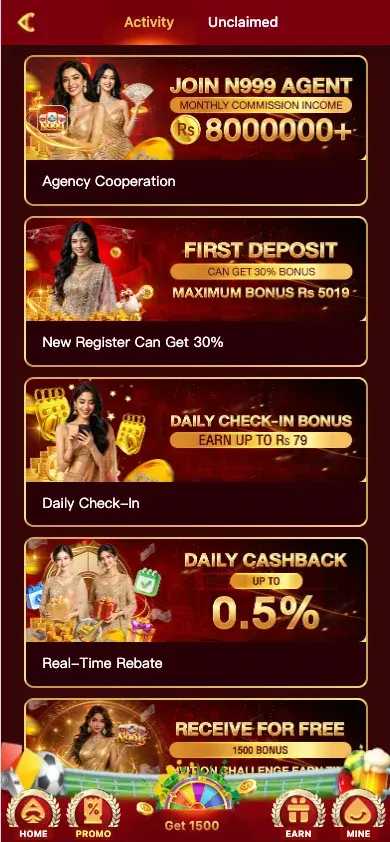 N999 Game activity screen highlighting daily check-in rewards, first deposit bonuses, and VIP cashback offers.