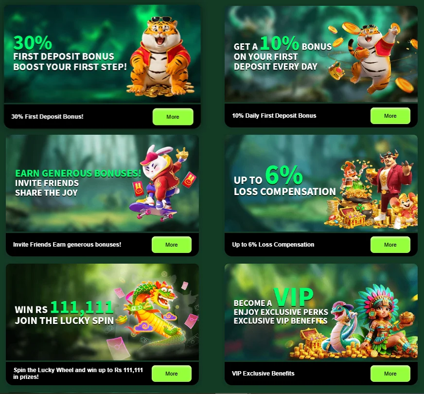 Promotional bonus cards inside PAK11 Game APK including 30% first deposit bonus, daily deposit bonus, and VIP rewards.