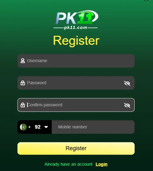 PAK11 Game account registration screen requiring username, password, and Pakistani phone number (+92).