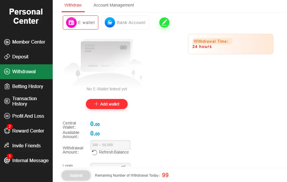 Personal Center withdrawal screen in PAK11 Game showing E-wallet, Bank Account payout options, and balance fields.