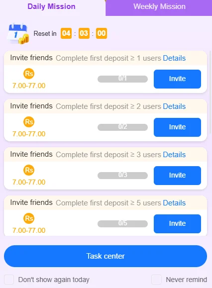 PKR999 game daily missions menu with reward collection progress