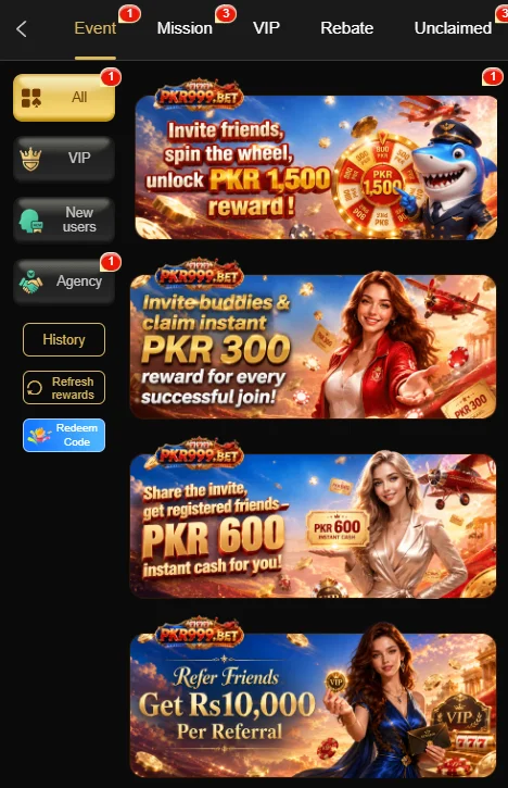 PKR999 game events center displaying active promotional events