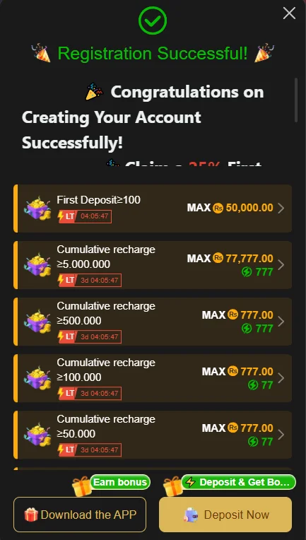 PKR999 game account creation success confirmation popup