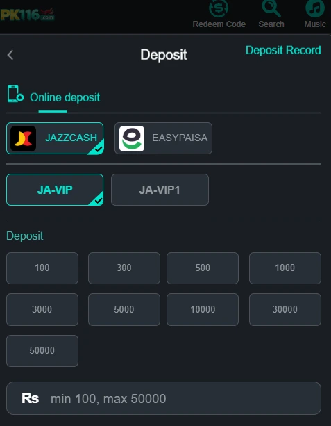 Pro116 Game digital wallet deposit screen showing JazzCash and EasyPaisa transaction gateways.