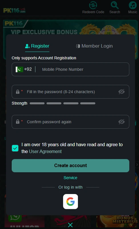 Pro116 Game mobile registration modal showing +92 country code and password input fields.