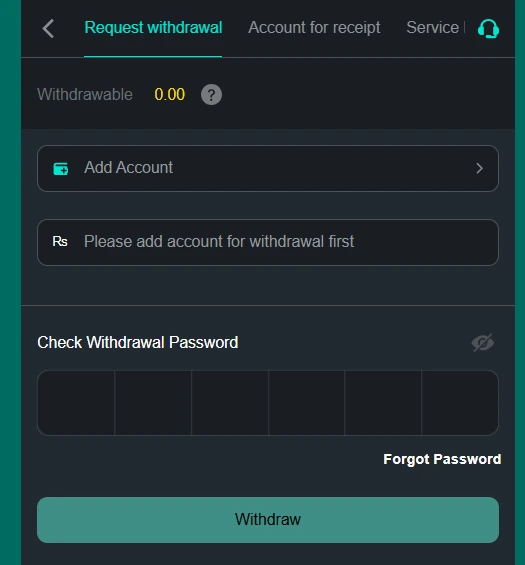 Pro116 Game secure withdrawal portal displaying available balance, account addition, and password verification.