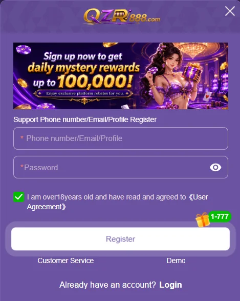 AZR888 game account registration form with phone number and password input fields
