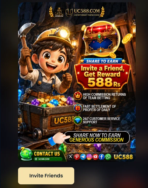 UC588 Game referral banner showing 588 Rs friend invite reward and team betting commission features.