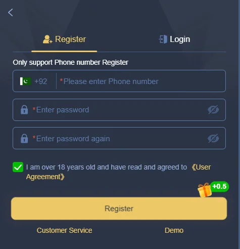 UR8 Game sign-up modal showing phone number entry box with Pakistan code (+92) and age agreement.