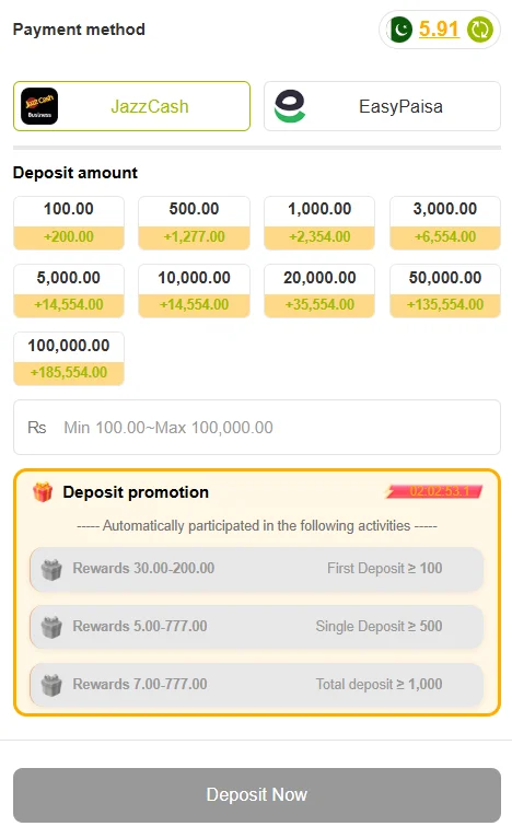 VH777 Game payment options featuring JazzCash and EasyPaisa deposit bonus tiers.