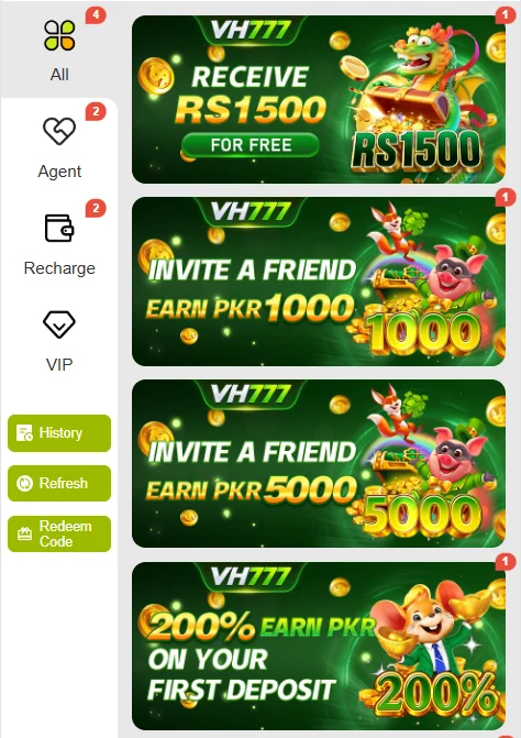 VH777 Game promotional event panel showing free Rs 1500 offer, friend referral rewards, and 200% first deposit match.