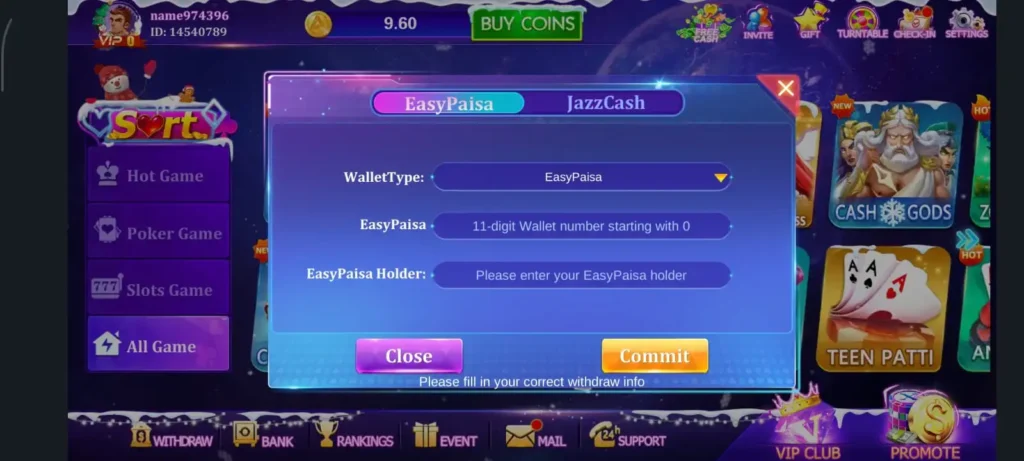 Deposit section of KK Club Game showing digital transfer buttons for JazzCash and EasyPaisa, preset payment amounts, and the TRX ID verification box.