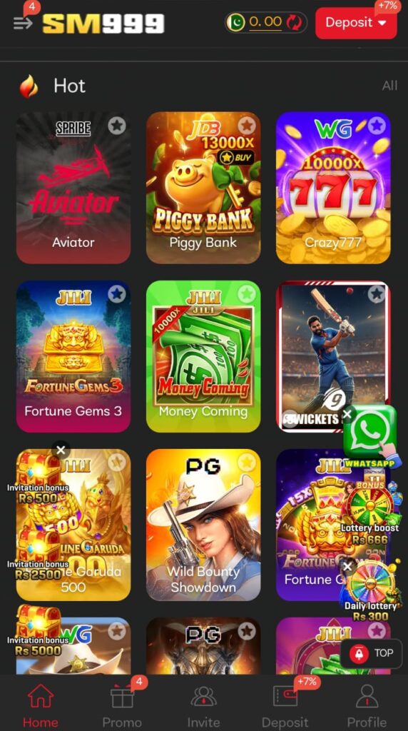SM999 Game main dashboard displaying server-verified modules, visual slots, and digital wallet balance.