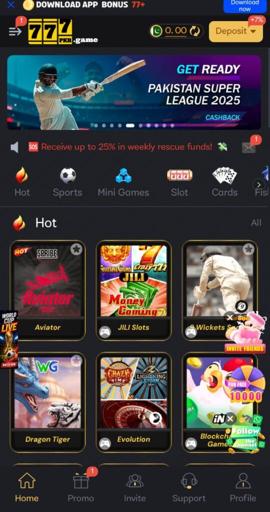 The home dashboard of 777PKR Game showing card games, prediction modules, and the active balance menu on an Android phone.