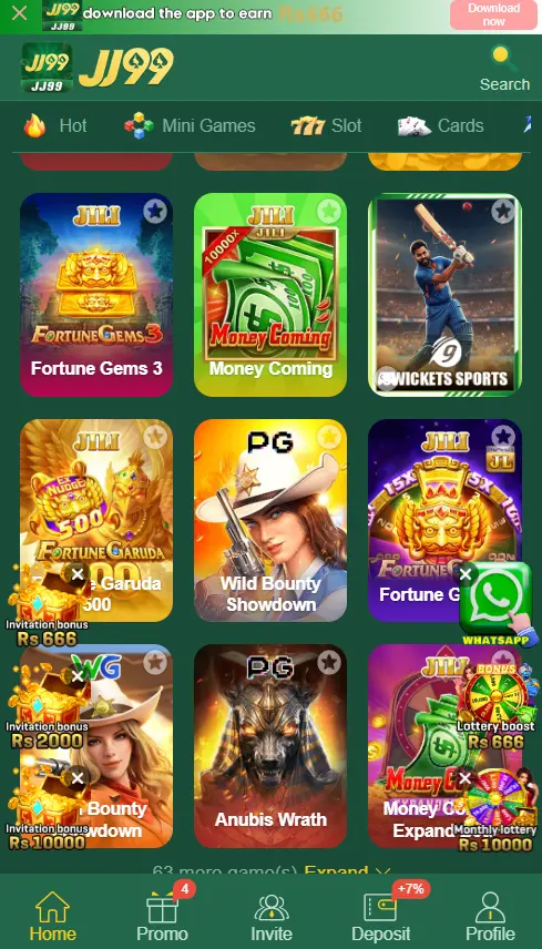 JJ99 Game lobby on Android showing Teen Patti, Slots, Aviator and Rummy game categories available for Pakistani players in 2026