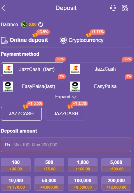 AZR888 game wallet deposit page showing JazzCash, EasyPaisa, and Cryptocurrency options