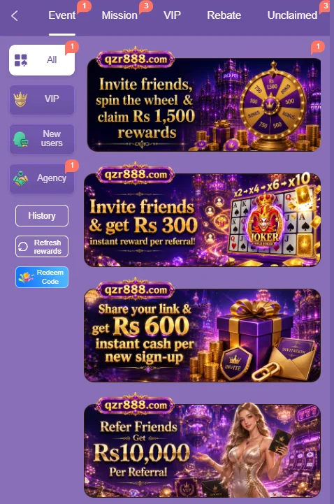 AZR888 game event center listing referral bonuses, spin wheel rewards, and sign-up cash
