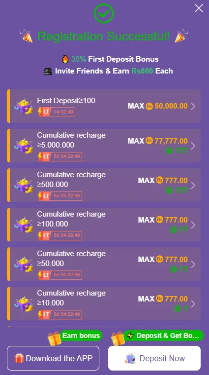 AZR888 game registration successful popup displaying first deposit bonus tiers