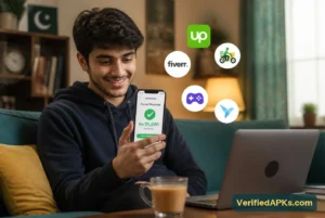 Pakistani student at home receiving an Rs 25,000 mobile wallet payout on his phone from top earning apps in Pakistan