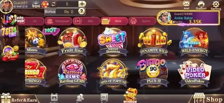 3 Patti Blue home dashboard showing Mines, Sweet Bonanza, Fruit Line, and bottom navigation