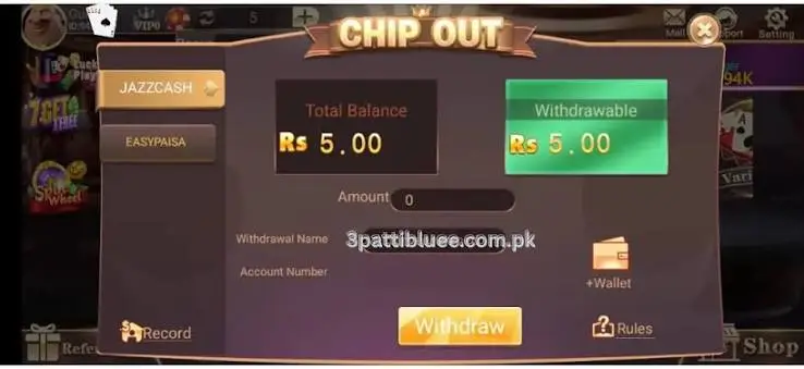 3 Patti Blue withdrawal screen showing bound JazzCash and Easypaisa accounts with payout history
