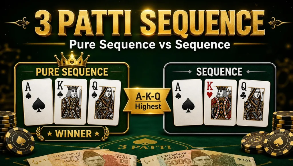 3 Patti sequence explained — pure sequence A-K-Q of spades vs mixed-suit sequence, Teen Patti cards and PKR notes, Verified APKs.