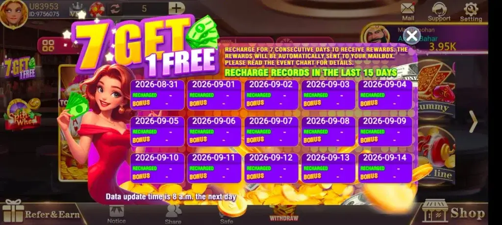 3 Patti Blue bonuses and promotions center showing daily check-in rewards, referral commission, and recharge incentives