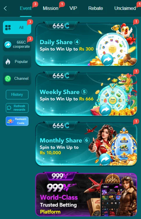 666C game event center displaying daily share rewards, weekly spins, and monthly bonuses