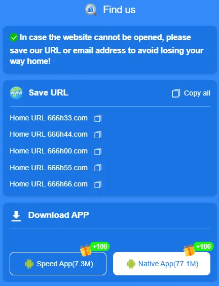 666H game website download portal showing alternative URLs and APK package sizes