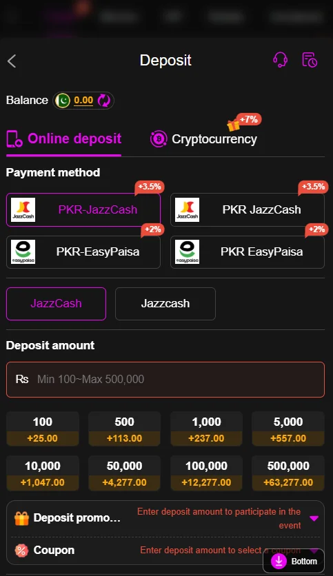 804 Game deposit screen showing JazzCash, EasyPaisa, and bonus rewards