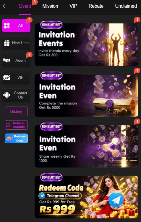 804 Game event center displaying Telegram redeem codes and invitation bonuses
