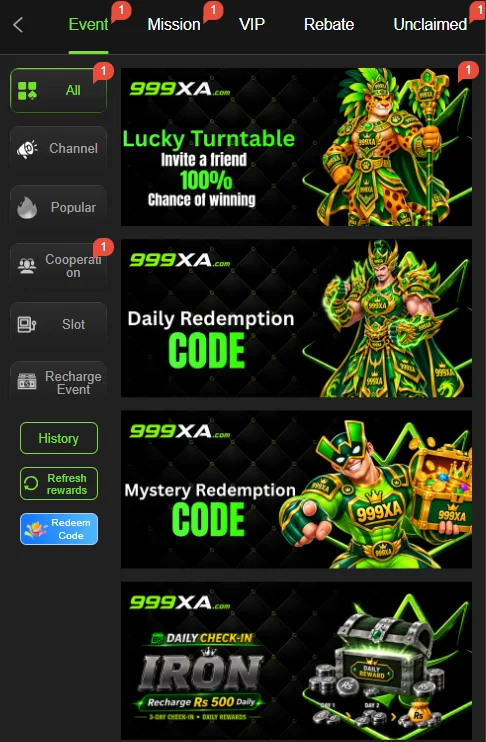 999XA game event center displaying lucky turntables and daily check-in rewards