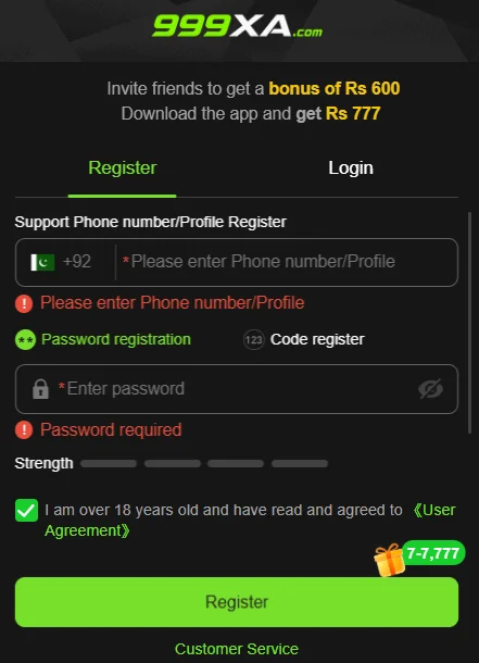 999XA game account registration screen with phone number input and password fields