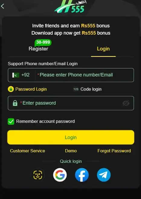 H555 game login screen showing password login, SMS code login, Demo mode, and Telegram quick login