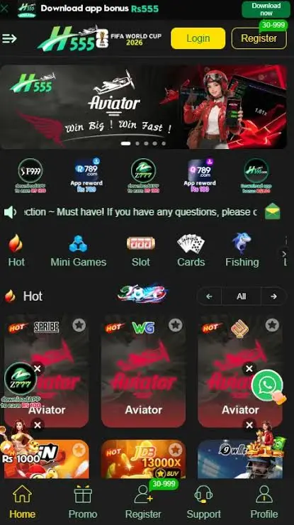 H555 game dashboard showing Aviator multiplier banner, FIFA 2026 event, and game studio shortcuts
