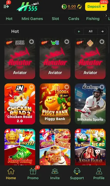 H555 mini games lobby showing Chicken Road 2.0, Piggy Bank 13000x, Fortune Tiger, and 9Wickets Sports