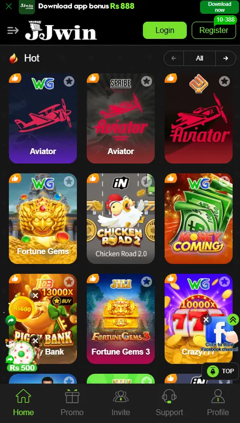 In-game gallery of JJwin showing interactive real money titles including WG Aviator, Chicken Road 2.0, and Fortune Gems.